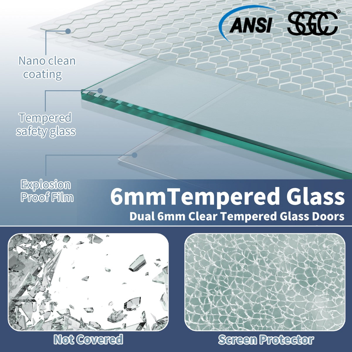 Glide 44-48" x 70" black sliding glass shower doors, clear tempered glass with NanoAquaPro coating.