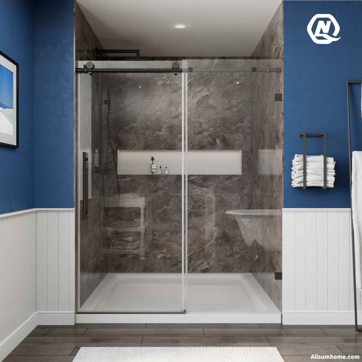 Anchor 56-60 in. W x 74 in. H Frameless Tall Shower Door Sliding Walk-in Shower Design with 8mm thick Clear Glass,Black - ExBriteUSA