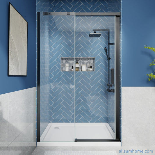 Lock Adjustable 44-48"W x 74"H Sliding Glass Shower Door with 8mm Clear Tempered Glass,Stainless Steel Hardware Mattel Black,Rectangle Shower Door