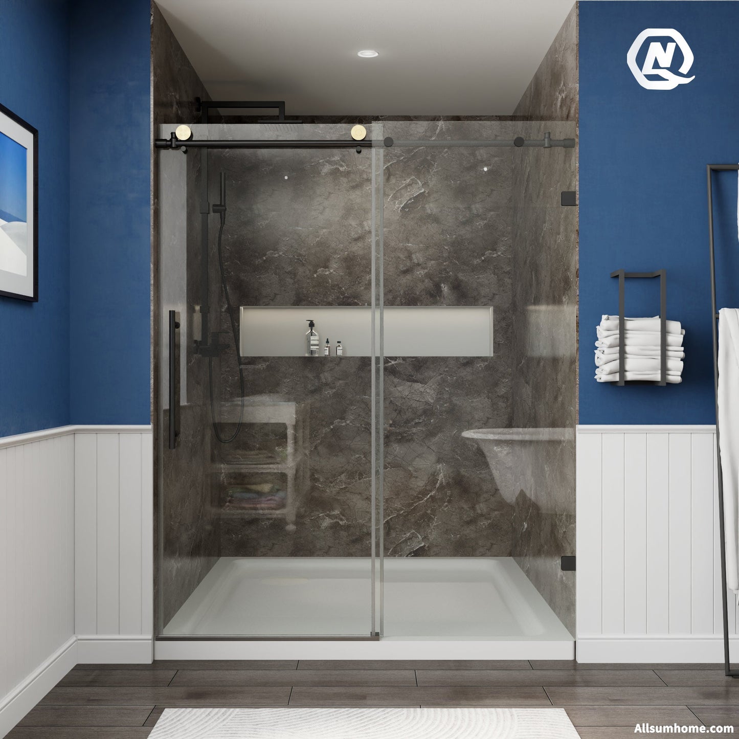Anchor 56"-60" Width x 74" Height Frameless Sliding Shower Door,Clear Tempered Glass,Matte Black,Smooth Door Closing,Vertical Handle - ExBriteUSA