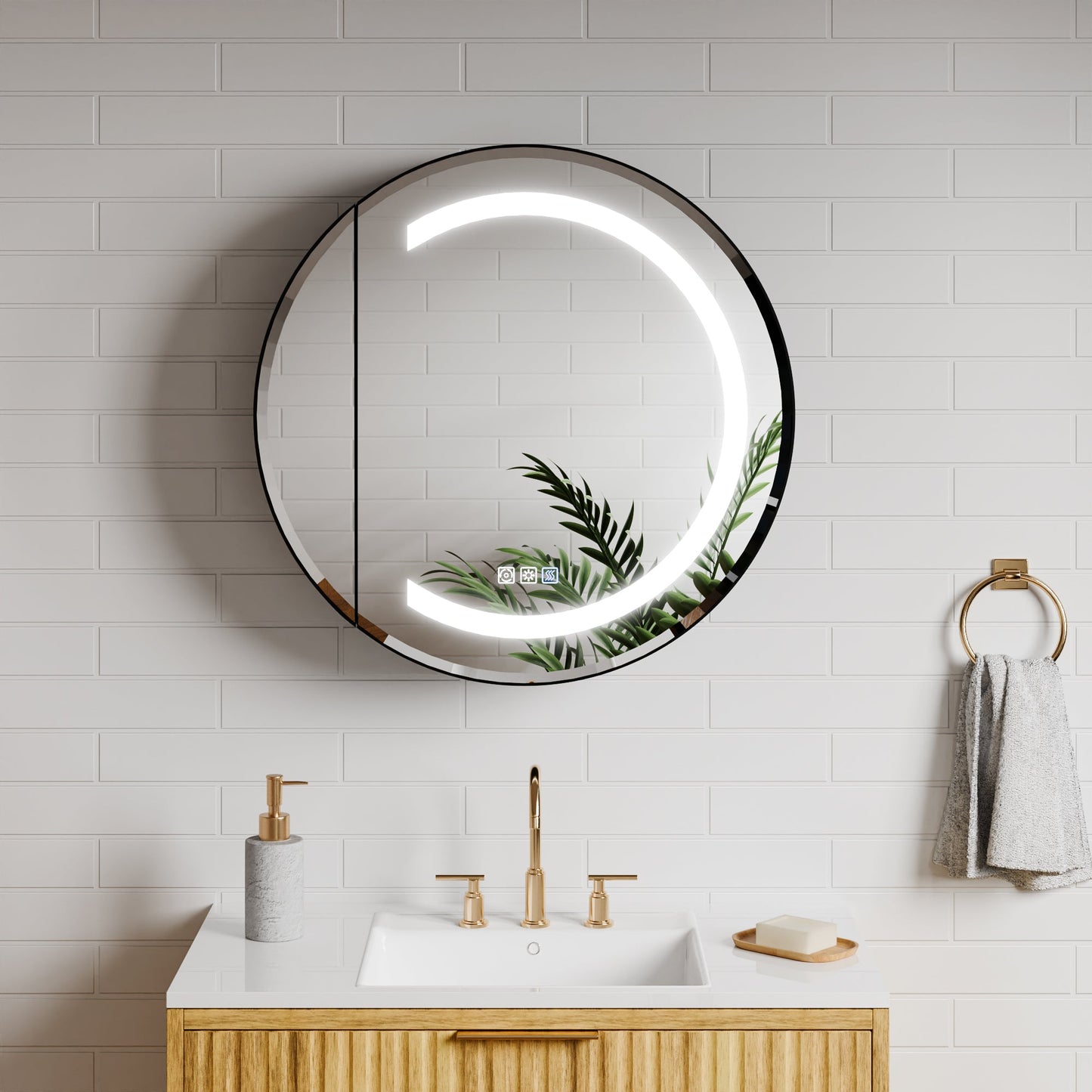 Hola 24" Round LED Medicine Cabinet �C Black Frame, Anti-Fog, Dimmable Lighting, Surface Mount - ExBriteUSA