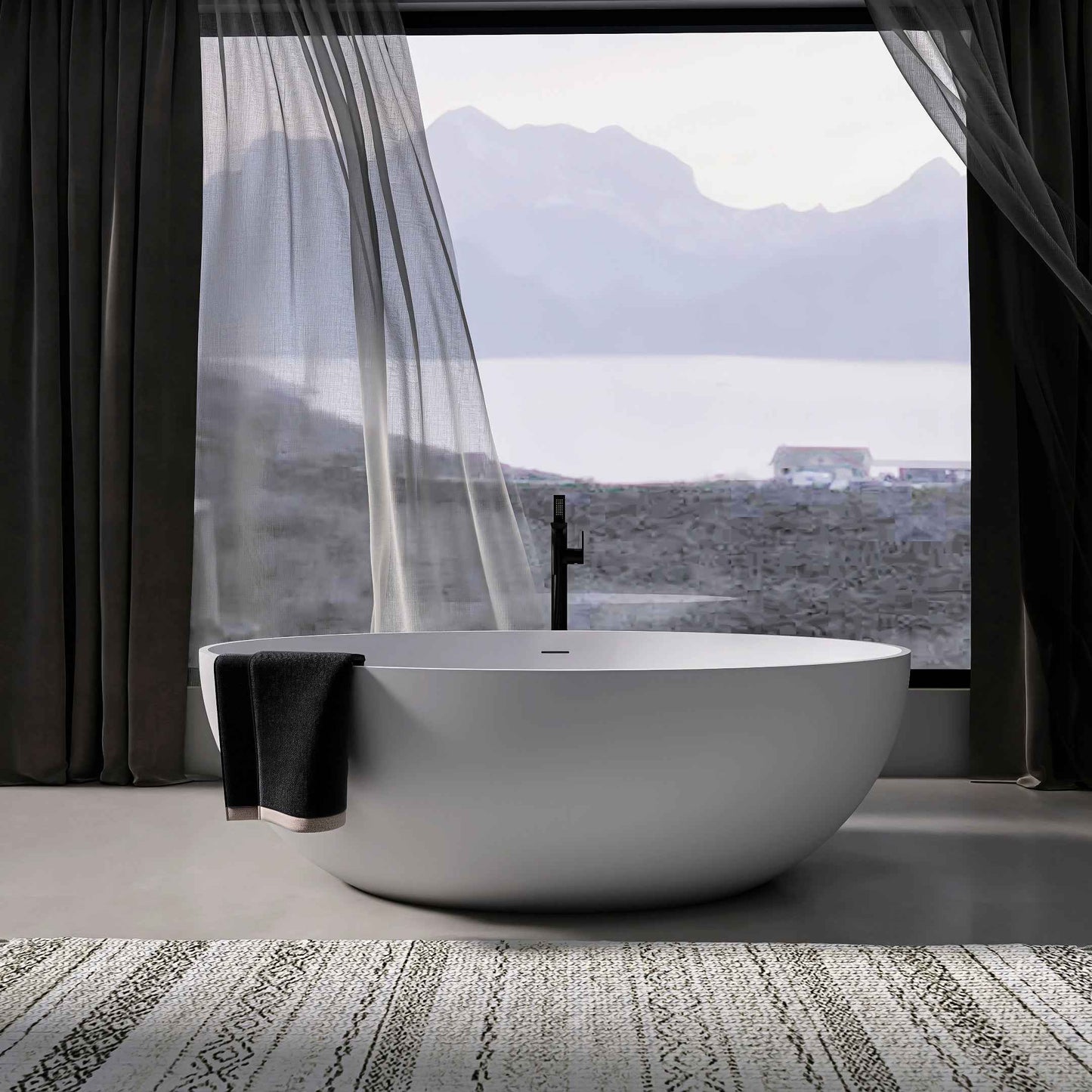 Exbrite 67" Solid Surface Freestanding Soaking Tub, Matte White Oval Luxury Bathtub for Modern Bathrooms