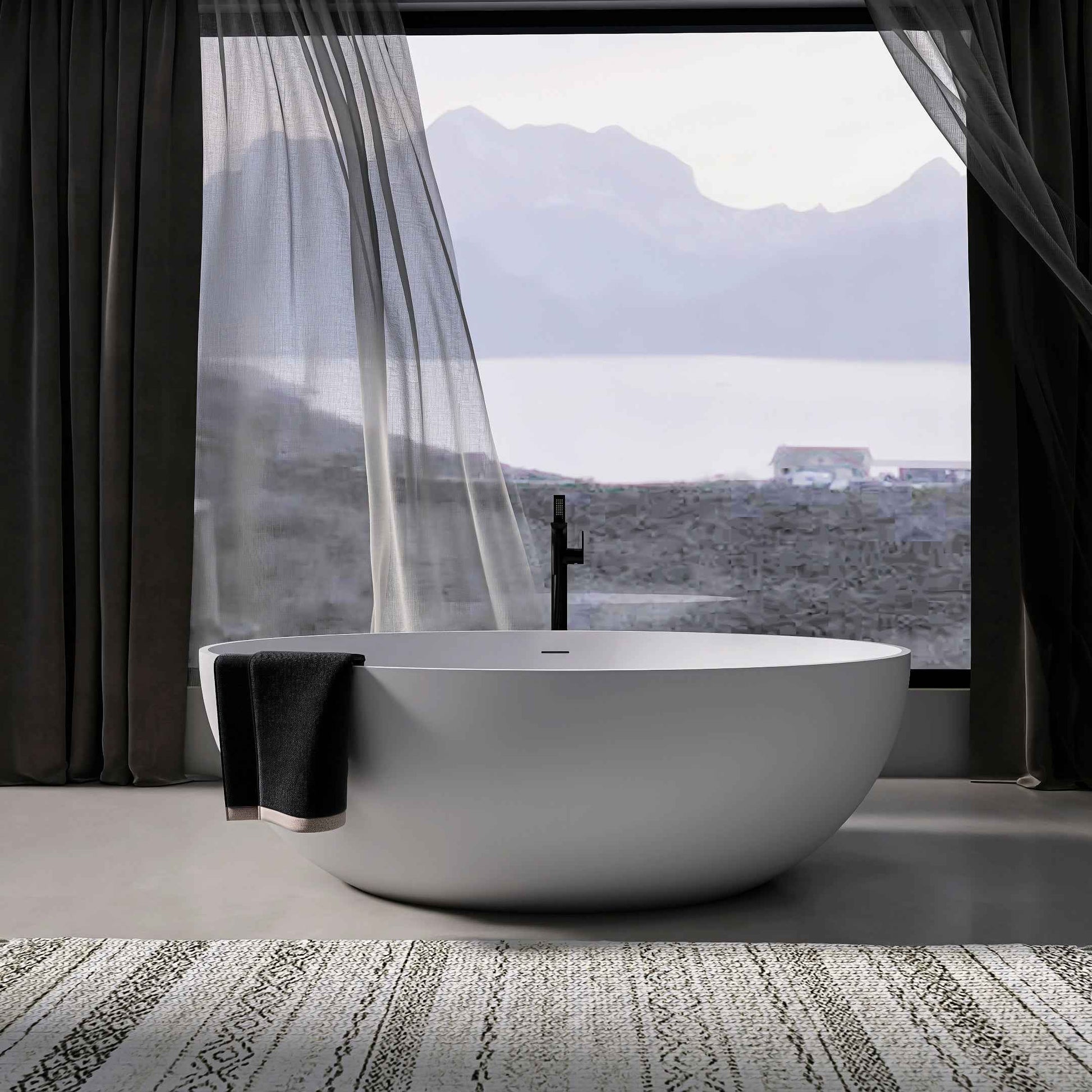 Exbrite 67" Solid Surface Freestanding Soaking Tub, Matte White Oval Luxury Bathtub for Modern Bathrooms