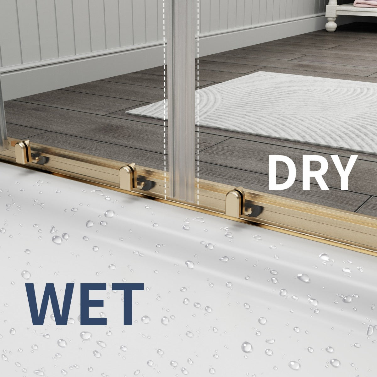Dry and wet conditions comparison on a floor with a glass door.