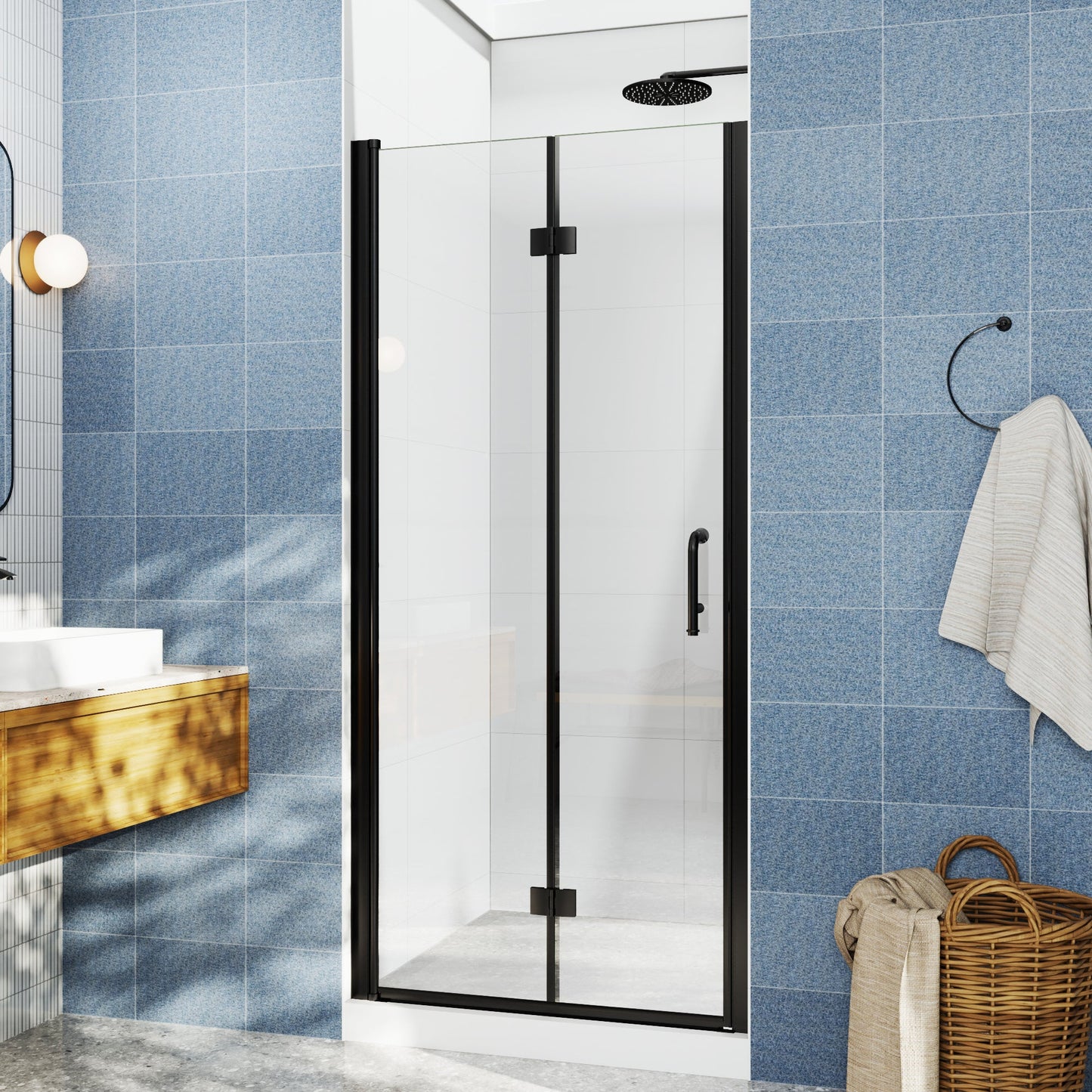 Adapt Allsumhome Bifold Shower Door 32-34 in.W x 72 in.H Pivot Swing Shower Doors,Matte Black,Tempered Shower Glass