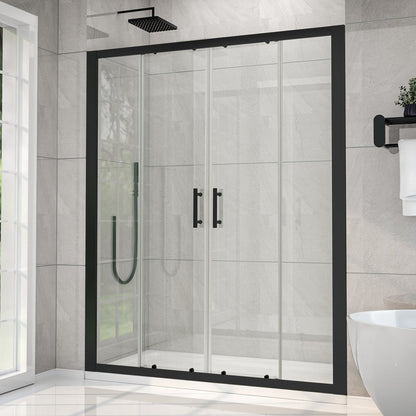 Modern shower enclosure with black frame and fixtures in a bathroom setting.
