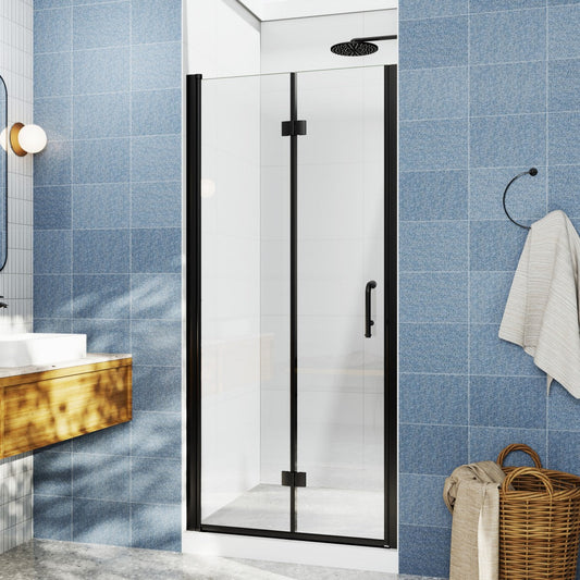 Adapt Allsumhome Bifold Shower Door 30-32 in.W x 72 in.H Pivot Swing Shower Doors,Matte Black,Tempered Shower Glass
