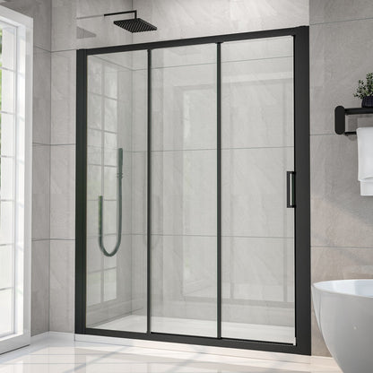 Modern shower enclosure with black frame in a bathroom setting