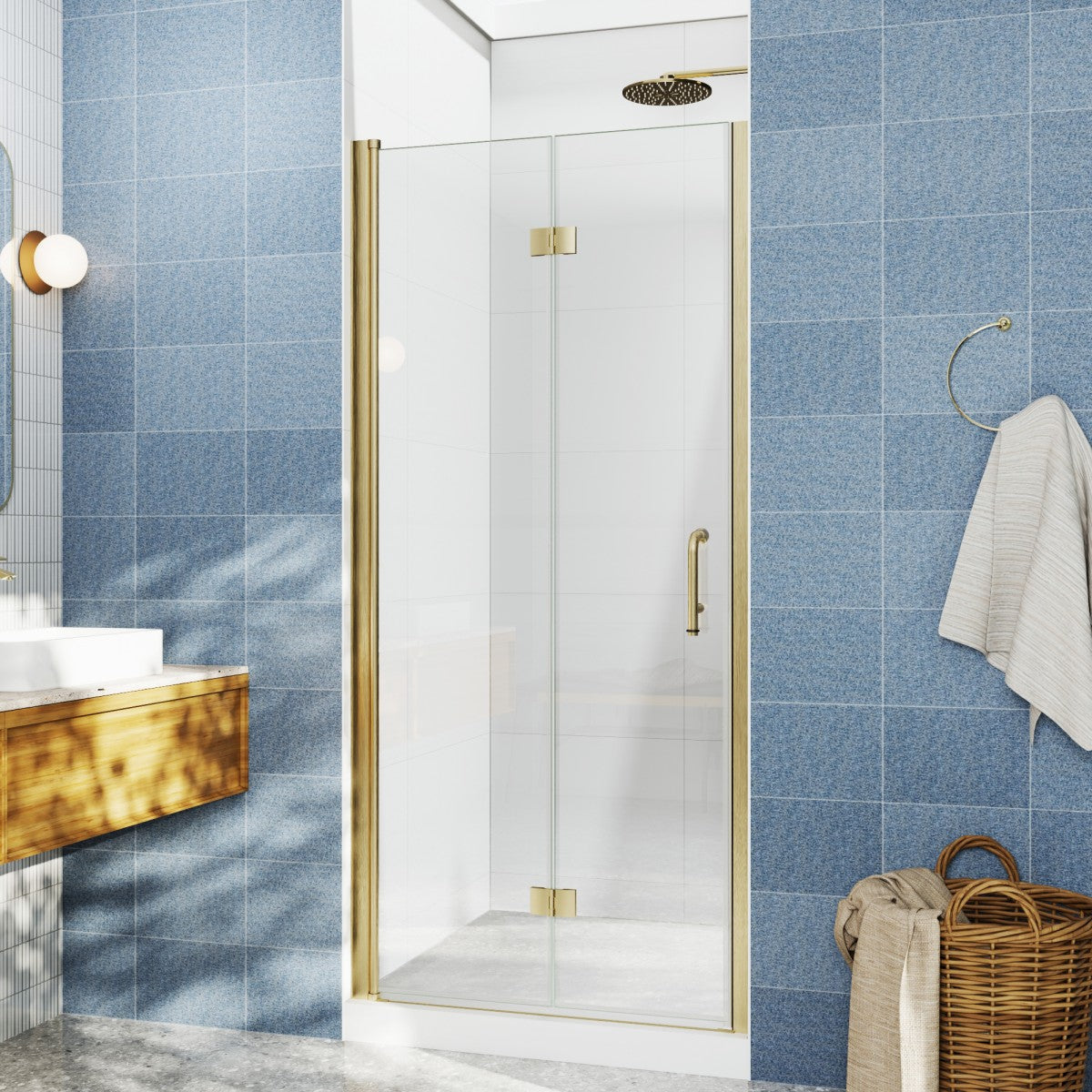 Adapt Allsumhome Bifold Shower Door 32-34 in.W x 72 in.H Pivot Swing Shower Doors,Brushed Gold,Tempered Shower Glass