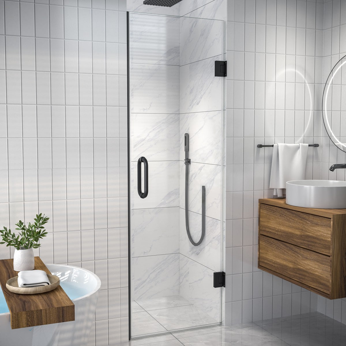 Valor Shower Door 24in.W x 72in.H Frameless Hinged Shower Door,Shower Room Glass Door with Clear Tempered Shower Glass Panel,Black