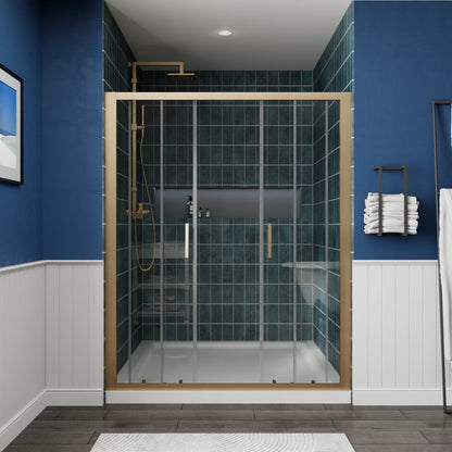 Modern bathroom with a glass shower enclosure, blue tiled walls, and white accents.