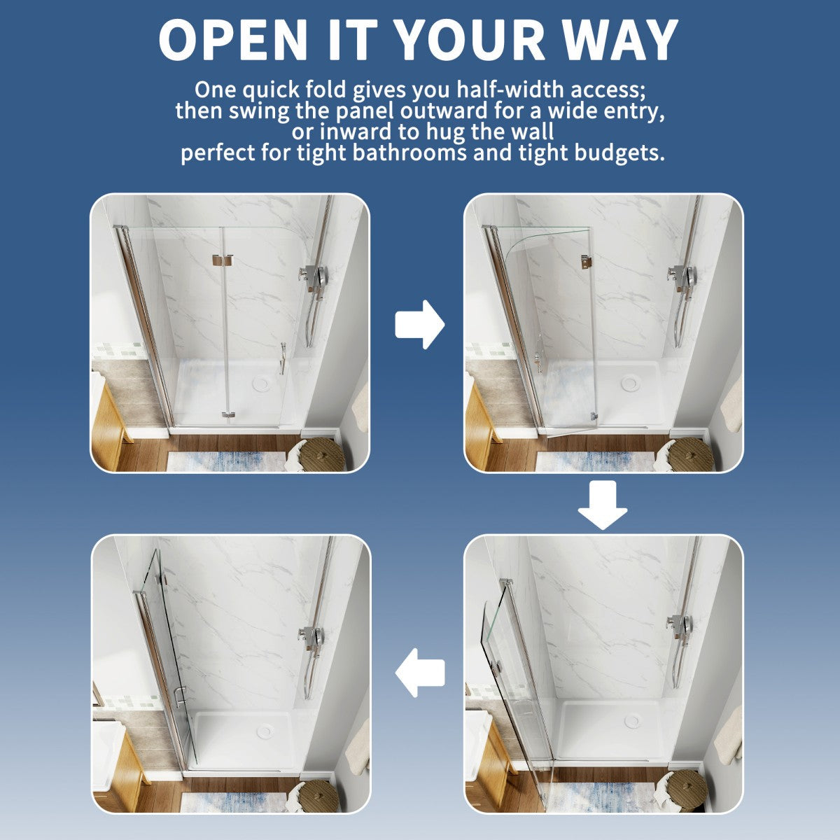 Adapt-E 30in.W x 72 in.H Bifold Frameless Folding Glass Shower Doors,Chrome Finish,Pivot Swing Shower Doors,1/4 in.Fold Clear Glass
