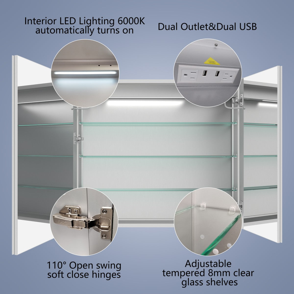 Boost-M2 36" W x 32" H Bathroom Light Medicine Cabinets Recessed or Surface Defogger, Dimmer, Outlets & USB