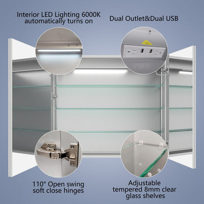 Boost-M2 36" W x 32" H Bathroom Light Medicine Cabinets Recessed or Surface Defogger, Dimmer, Outlets & USB
