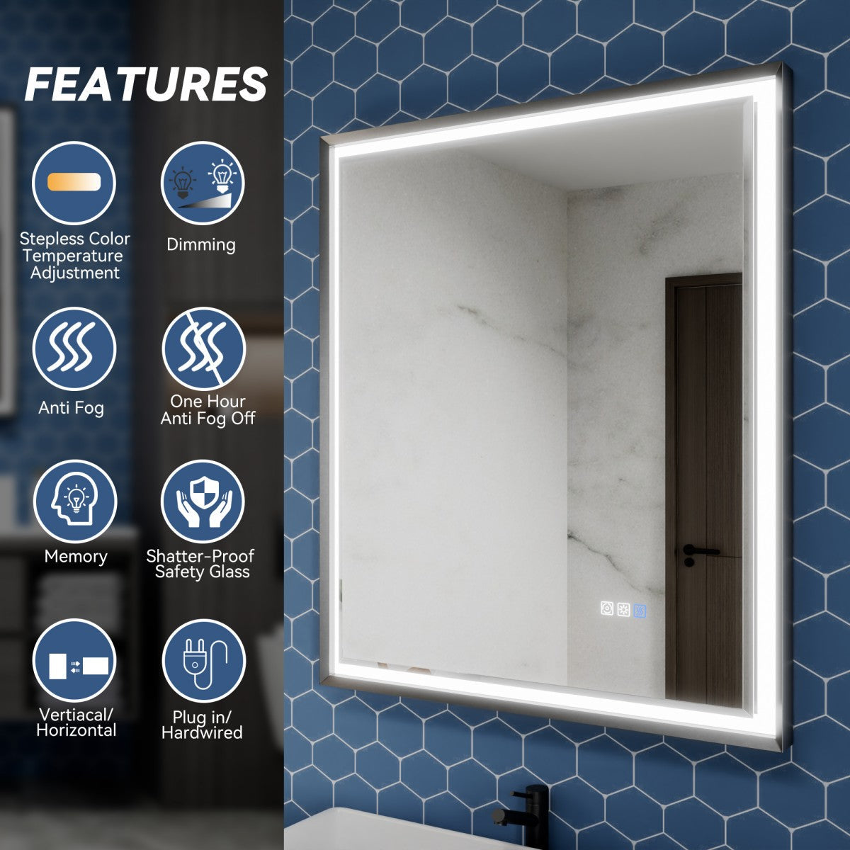 Verloar 30" W x 36" H Framed Lighted Bathroom Mirror,Dimmable,Anti Fog,Front-Lit Illumination,Matte Black