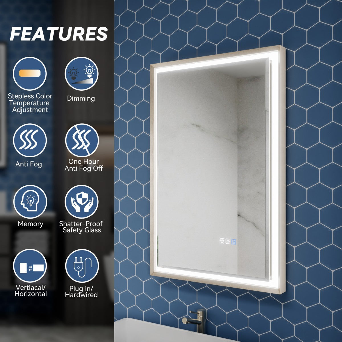Verloar 22" W x 34" H Framed Lighted Bathroom Mirror,Dimmable,Anti Fog,Front-Lit Illumination,Brushed Nickel