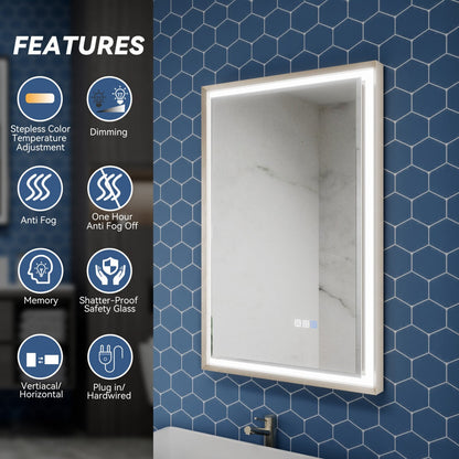 Verloar 22" W x 34" H Framed Lighted Bathroom Mirror,Dimmable,Anti Fog,Front-Lit Illumination,Brushed Nickel