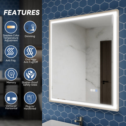 Verloar 30" W x 36" H Framed Lighted Bathroom Mirror,Dimmable,Anti Fog,Front-Lit Illumination,Brushed Nickel