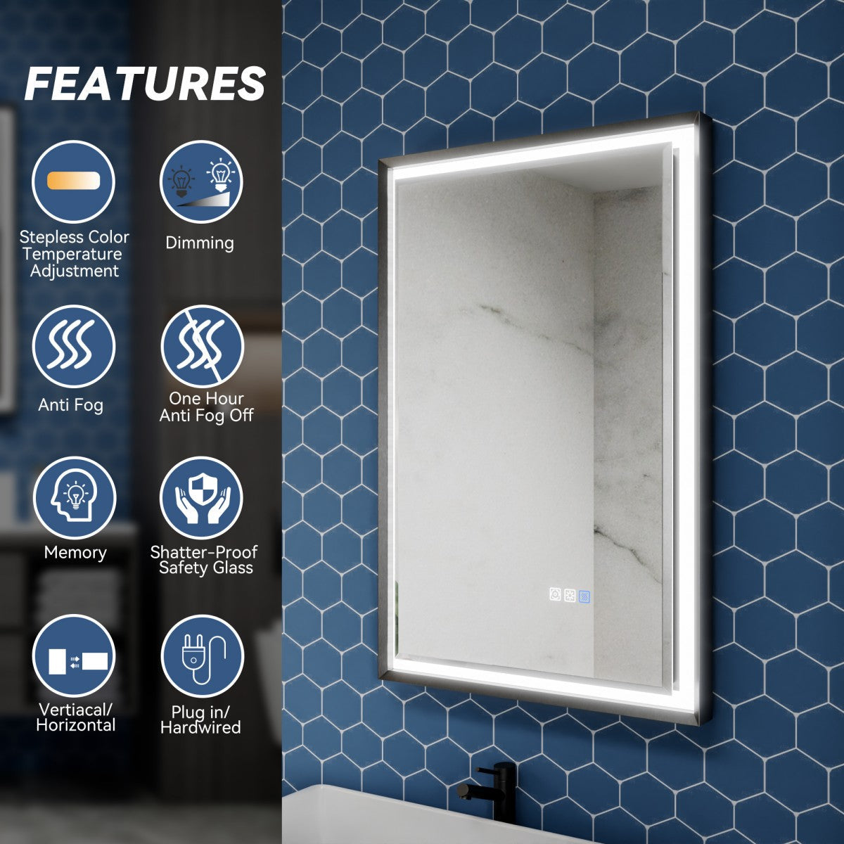 Verloar 22" W x 34" H Framed Lighted Bathroom Mirror,Dimmable,Anti Fog,Front-Lit Illumination,Matte Black