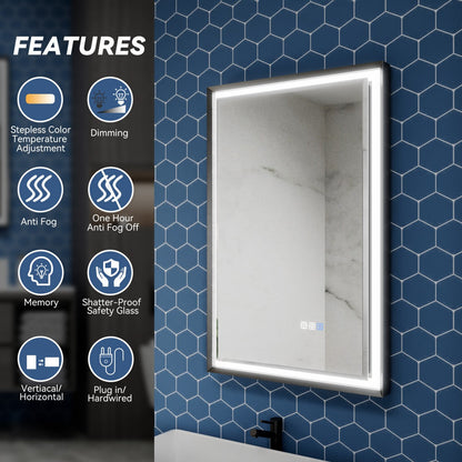 Verloar 22" W x 34" H Framed Lighted Bathroom Mirror,Dimmable,Anti Fog,Front-Lit Illumination,Matte Black