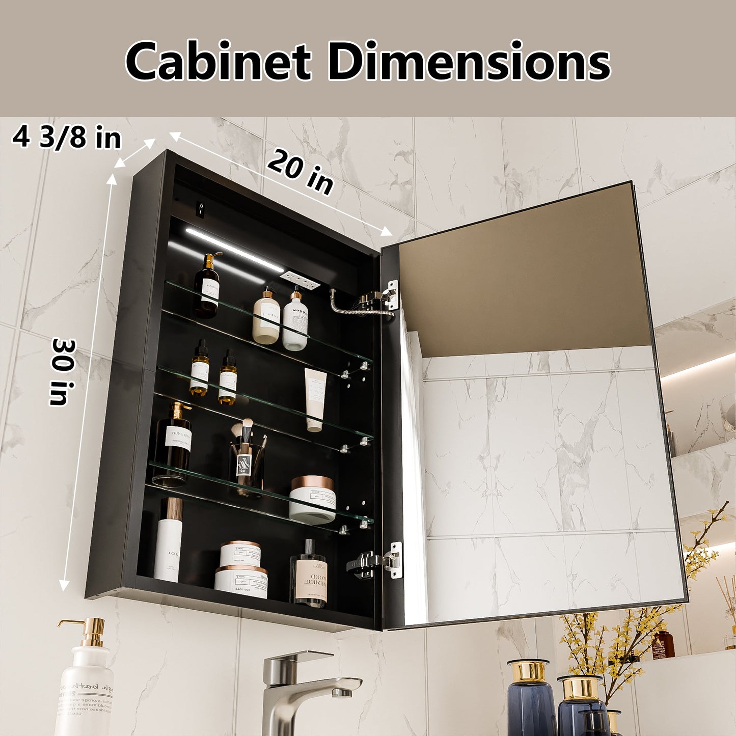 Boost-M1 20" W x 30" H Light Medicine Cabinet Recessed or Surface Mount Aluminum Adjustable Shelves Vanity Mirror Cabinet, Black Frame, Hinge on the Right - ExBriteUSA