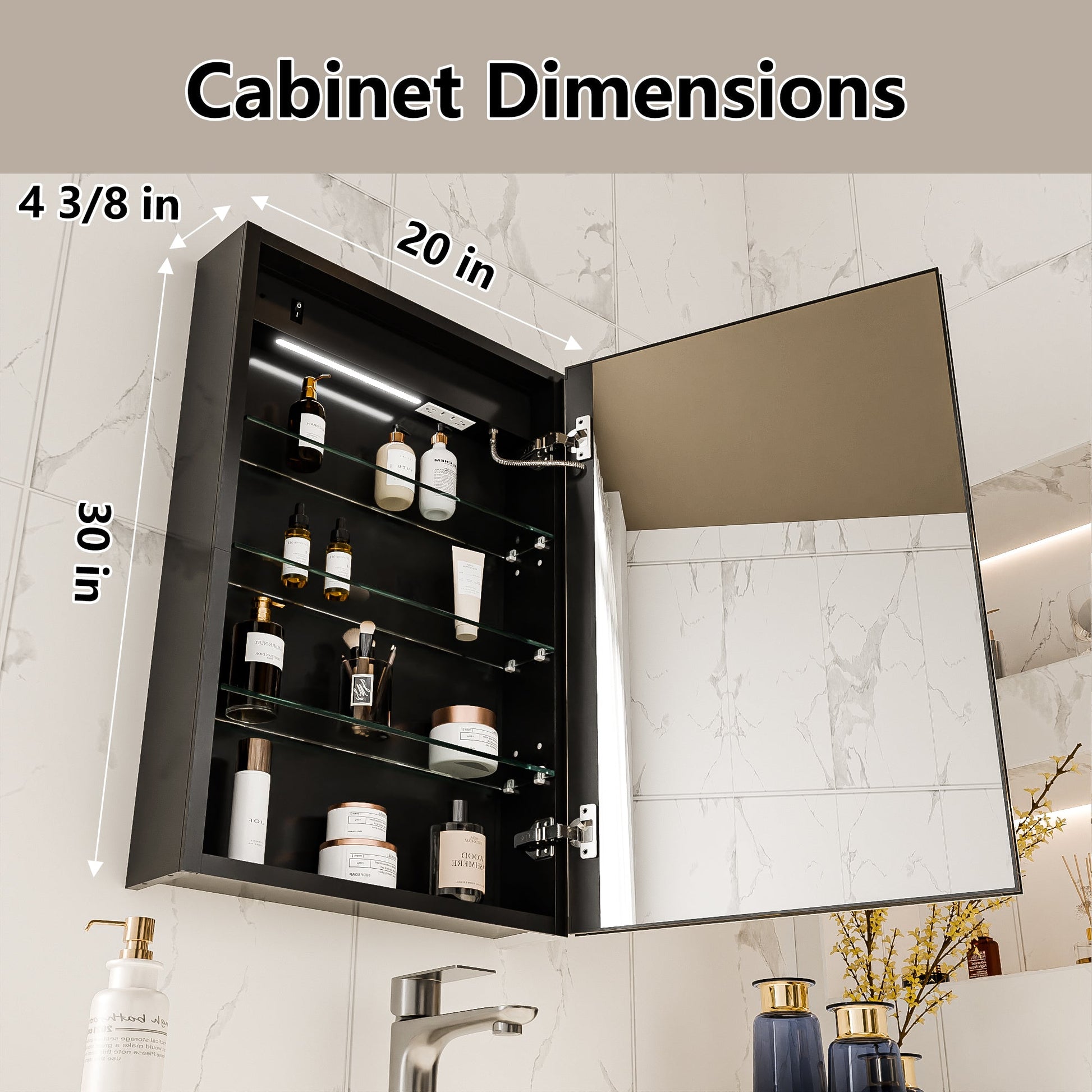 Boost-M1 20" W x 30" H Light Medicine Cabinet Recessed or Surface Mount Aluminum Adjustable Shelves Vanity Mirror Cabinet, Black Frame, Hinge on the Right - ExBriteUSA