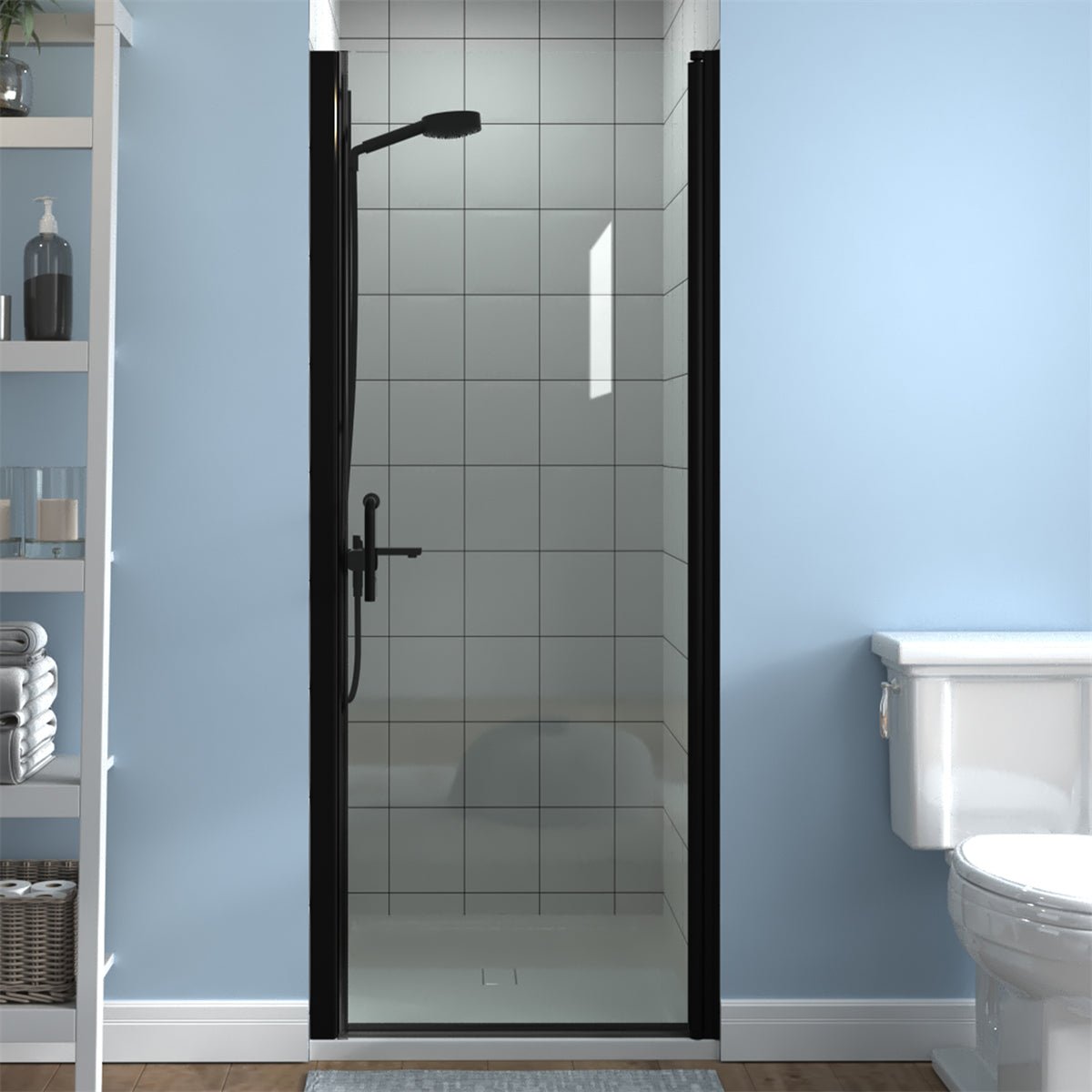 Classy 30-31 1/2" W x 72" H Pivot Shower Door Semi-Frameless Matte Black Hinged Glass Shower Door with Handle