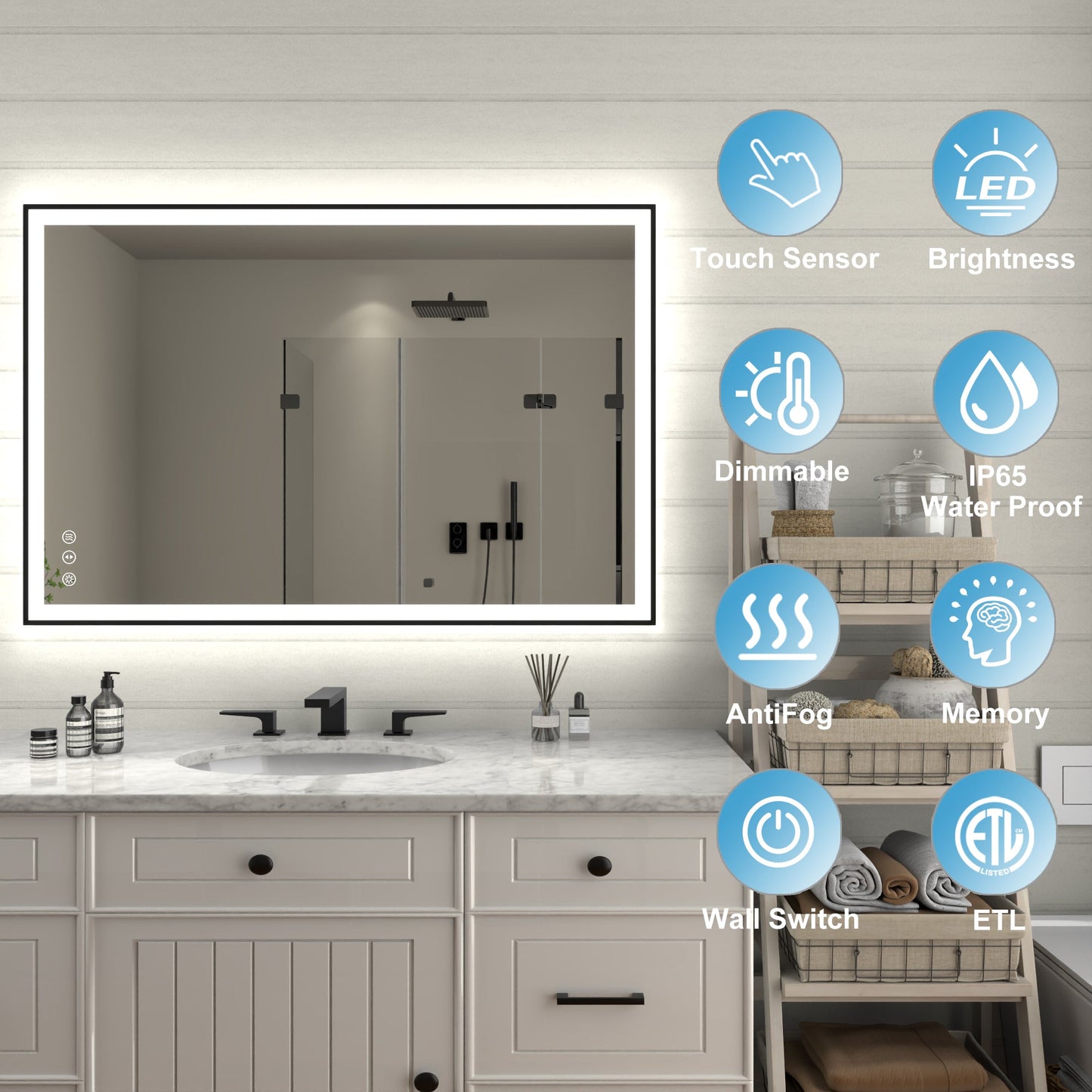 Apex-Noir 48"x32" Framed LED Lighted Bathroom Mirror