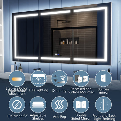Illusion-B 72" x 36" LED Lighted Recessed Bathroom Medicine Cabinet with Magnifiers Front and Back Light