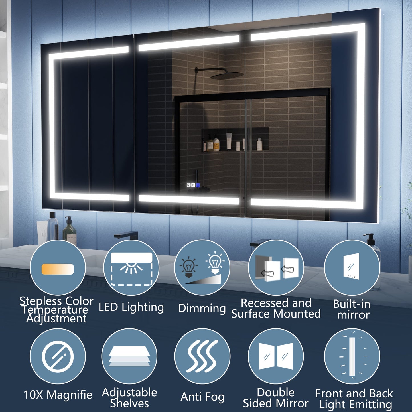 Illusion-B 72" x 36" LED Lighted Inset Mirrored Medicine Cabinet with Magnifiers Front and Back Light