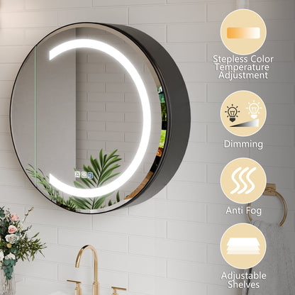 Hola 24" Round LED Medicine Cabinet �C Black Frame, Anti-Fog, Dimmable Lighting, Surface Mount - ExBriteUSA