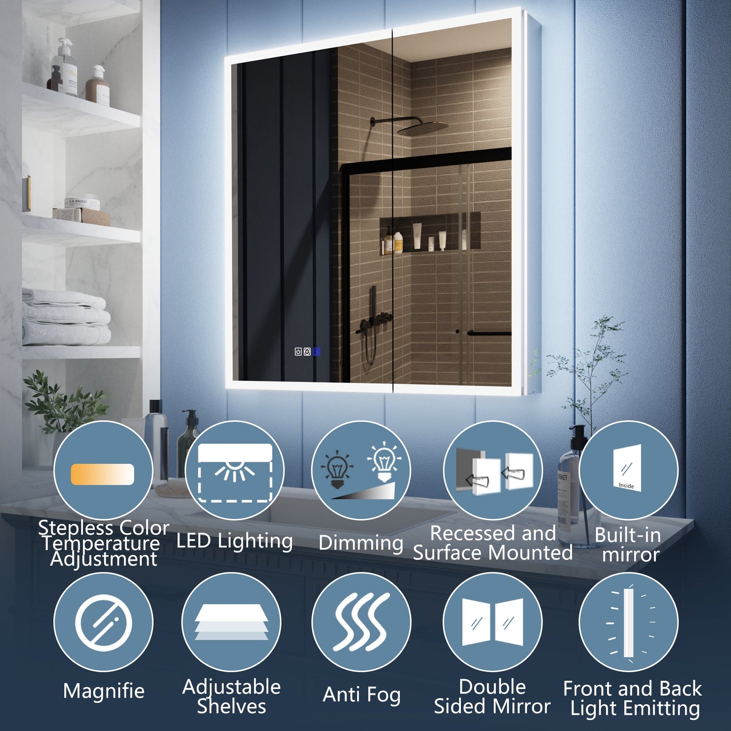 Illusion 30" x 32" LED Lighted Medicine Cabinet with Magnifiers Front and Back Light
