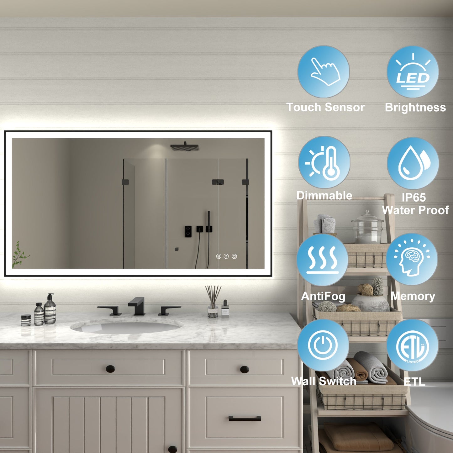 Apex-Noir 55"x30" Framed LED Lighted Bathroom Mirror