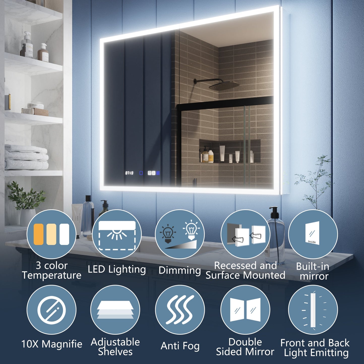 LED lighted bathroom medicine cabinet with mirror featuring front and back lighting, adjustable shelves, magnification, and anti-fog technology.