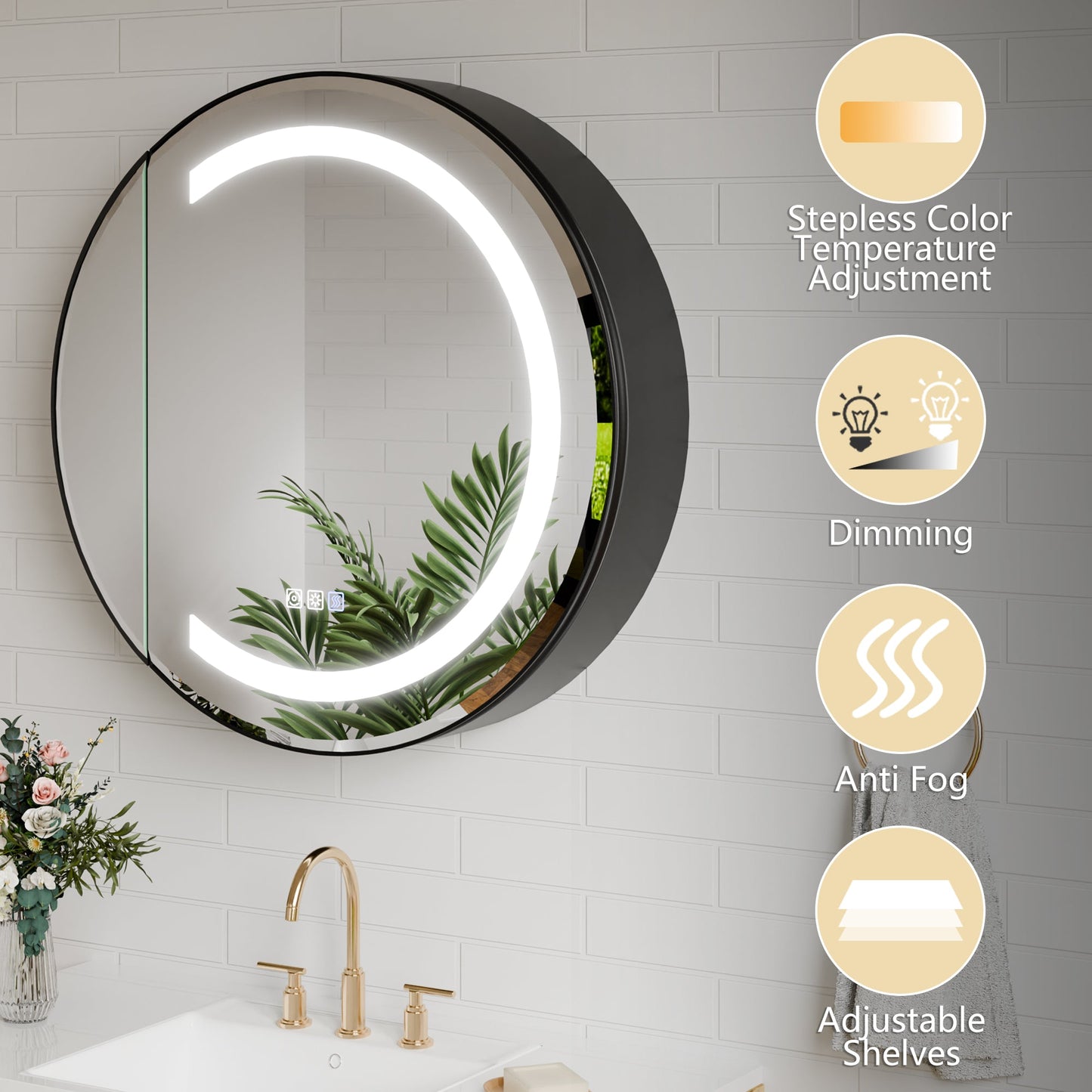 Hola 26" Round LED Medicine Cabinet �C Black Frame, Anti-Fog, Dimmable Lighting, Surface Mount - ExBriteUSA