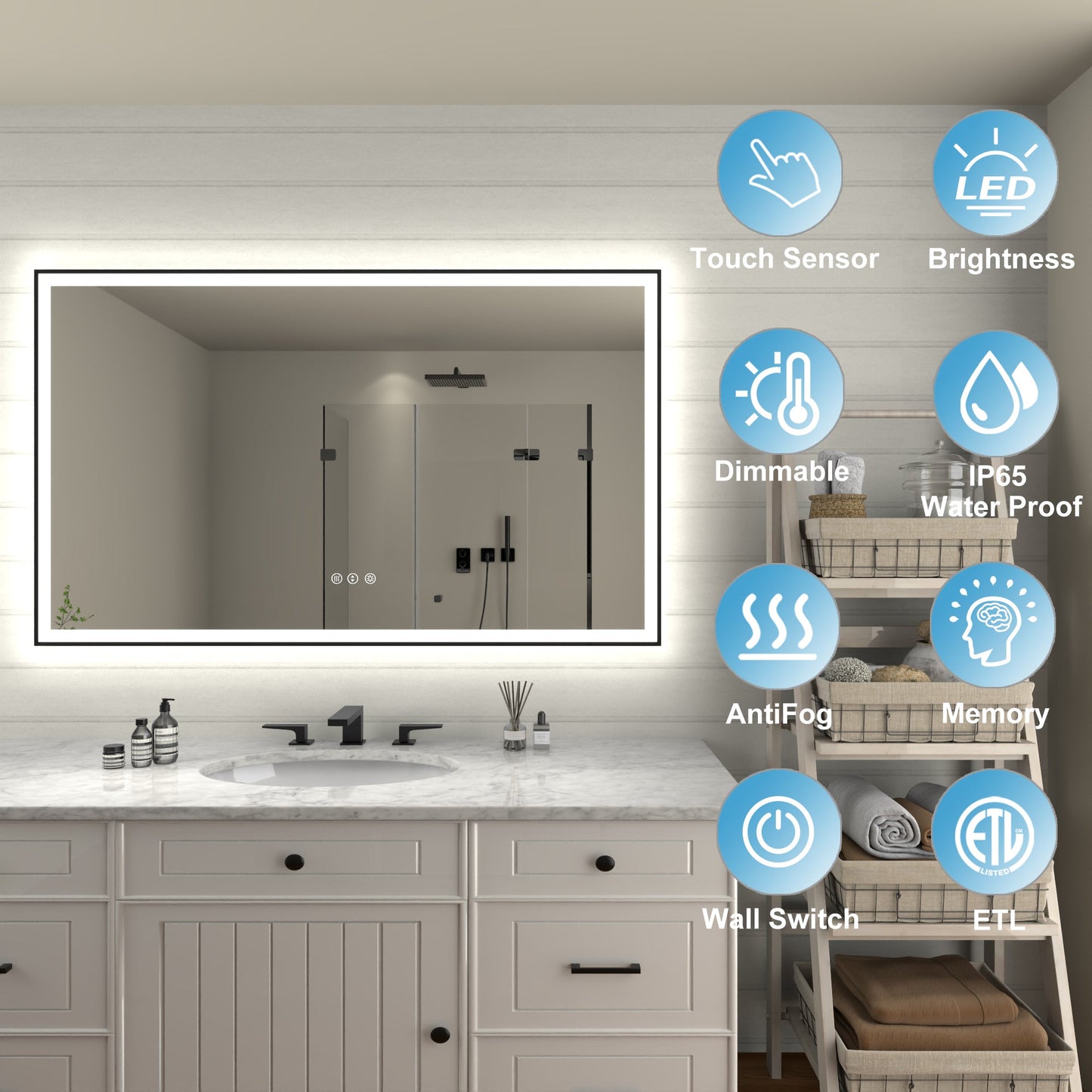 Apex-Noir 60"x36" Framed LED Lighted Bathroom Mirror