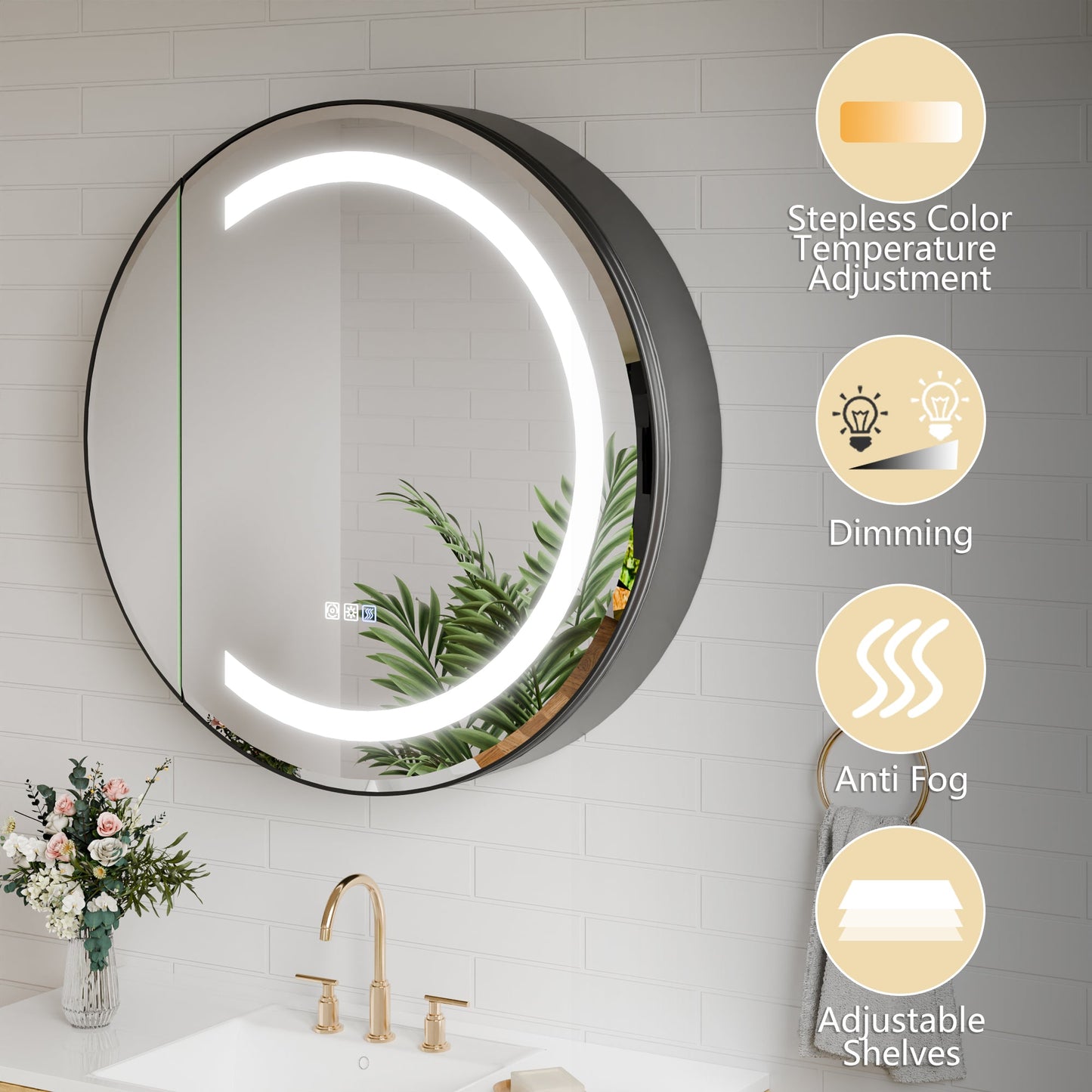 Hola 30" Round LED Medicine Cabinet �C Black Frame, Anti-Fog, Dimmable Lighting, Surface Mount - ExBriteUSA