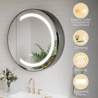 Hola 30" Round LED Medicine Cabinet �C Black Frame, Anti-Fog, Dimmable Lighting, Surface Mount - ExBriteUSA