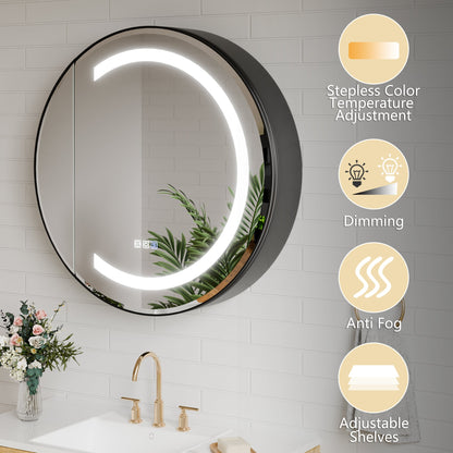 Hola 28" Round LED Medicine Cabinet �C Black Frame, Anti-Fog, Dimmable Lighting, Surface Mount - ExBriteUSA