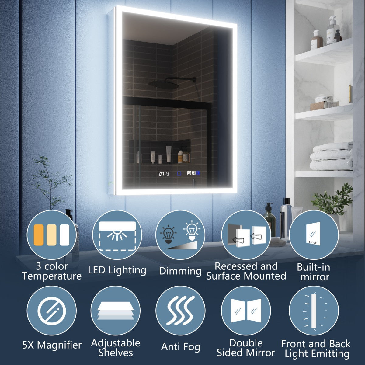 Illusion 24" x 36" Medicine Cabinet with Mirror Led,Front and Back Light,Hinge on Left