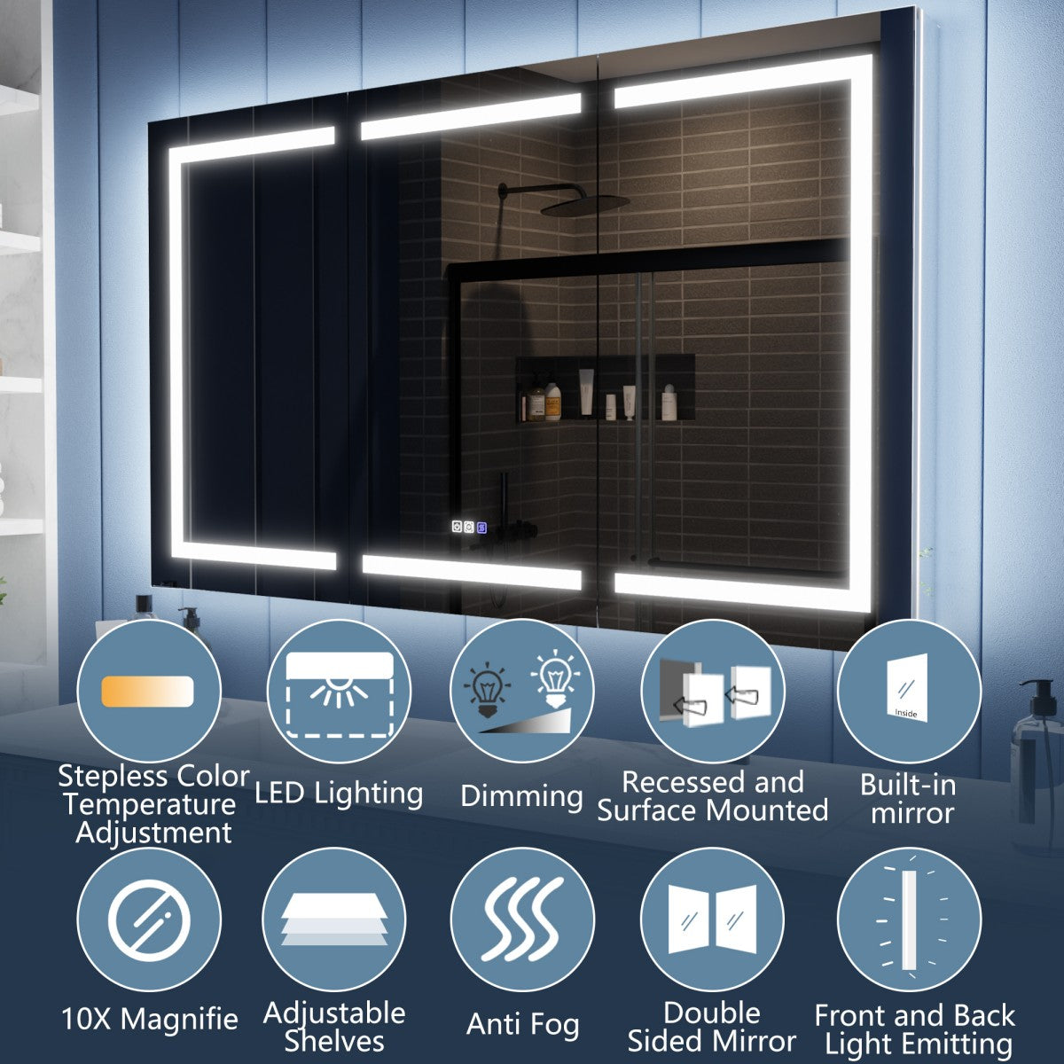 Illusion-B 60" x 36" LED Lighted Inset Mirrored Medicine Cabinet with Magnifiers Front and Back Light