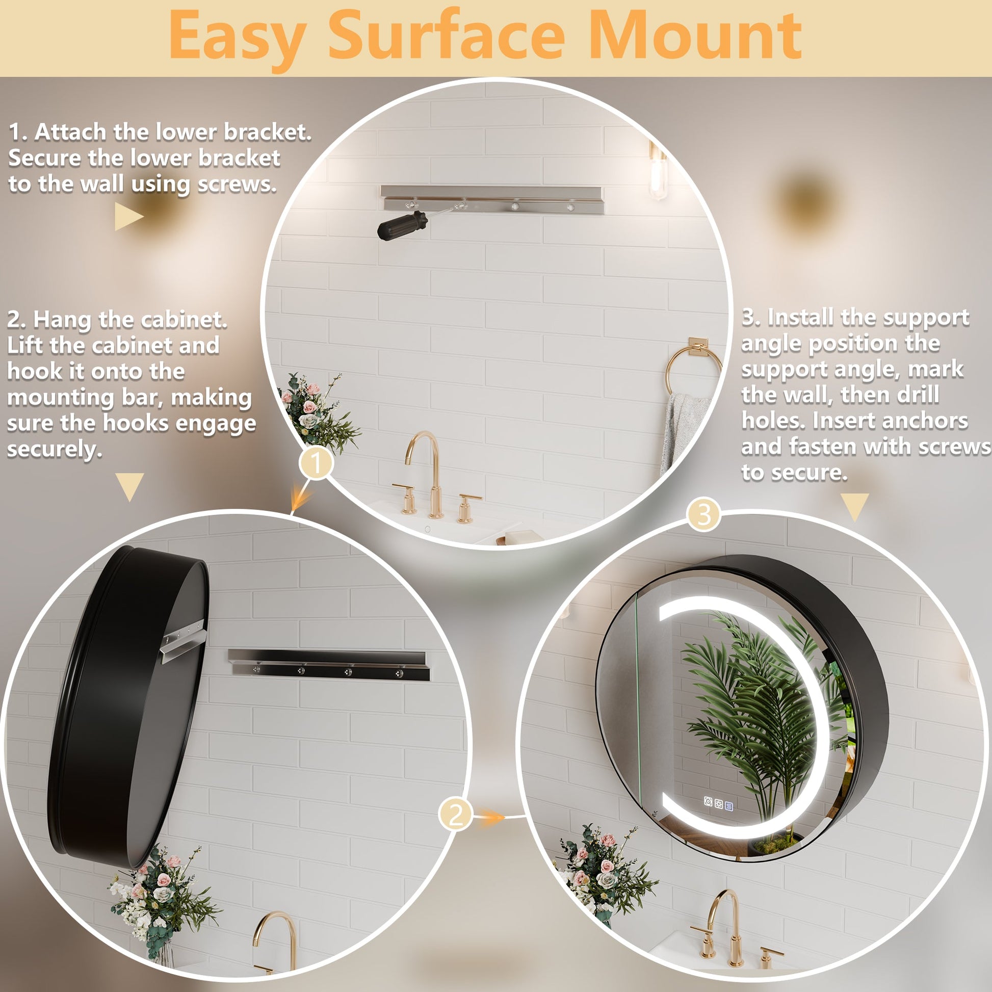 Hola 30" Round LED Medicine Cabinet �C Black Frame, Anti-Fog, Dimmable Lighting, Surface Mount - ExBriteUSA