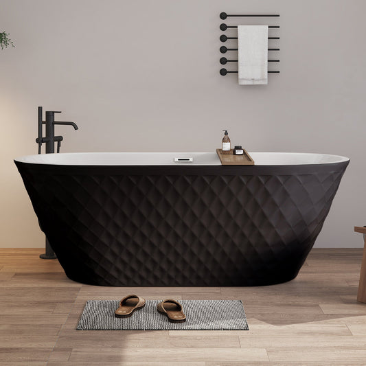 FSH Exbrite 67'' acrylic freestanding bathtub with unique diamond pattern design: spacious oval shape, Black finish, Chrome overflow and pop-up drain CUPC Certificate - ExBriteUSA