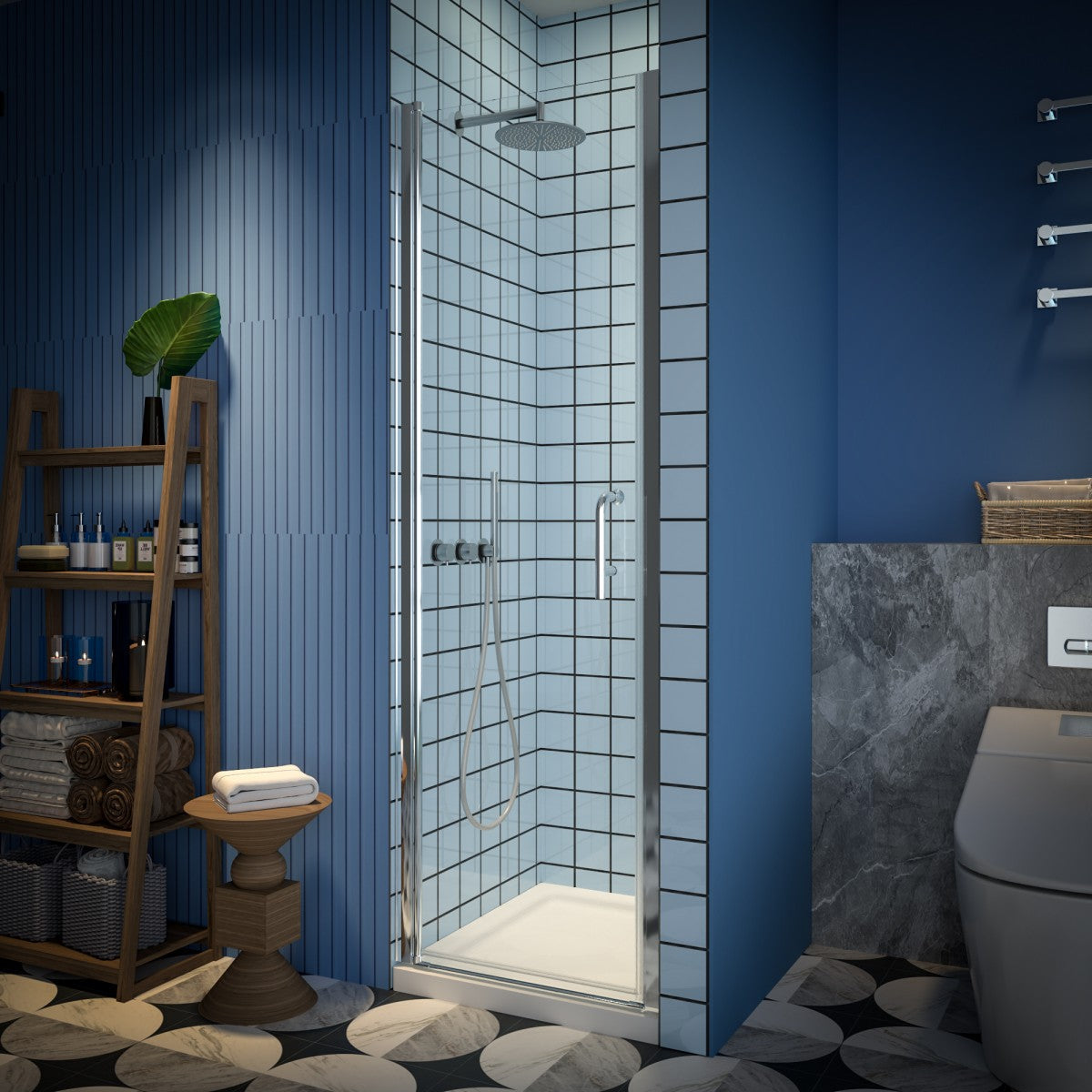 Classy 24-26" W x 72" H small shower door with hinged pivot, chrome install, and clear glass in modern bathroom setting.