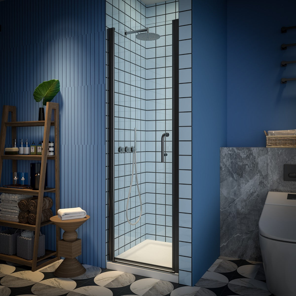 Classy 24-26" small clear glass shower door with hinged pivot and black frame installed in modern bathroom.