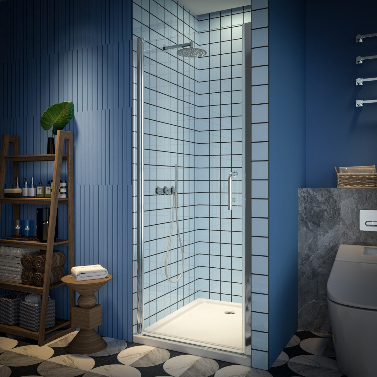 Classy semi-frameless 30-32" W x 72" H chrome pivot shower door with handle in modern bathroom setting.