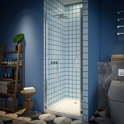 Classy semi-frameless 30-32" W x 72" H chrome pivot shower door with handle in modern bathroom setting.