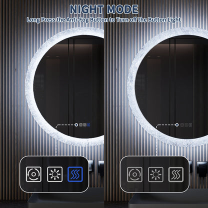 Glacy Series 30" x 30" Round LED Bathroom Mirror �C Ice Textures Edge, Smart Dimming, Defogger, ETL Certified - ExBriteUSA