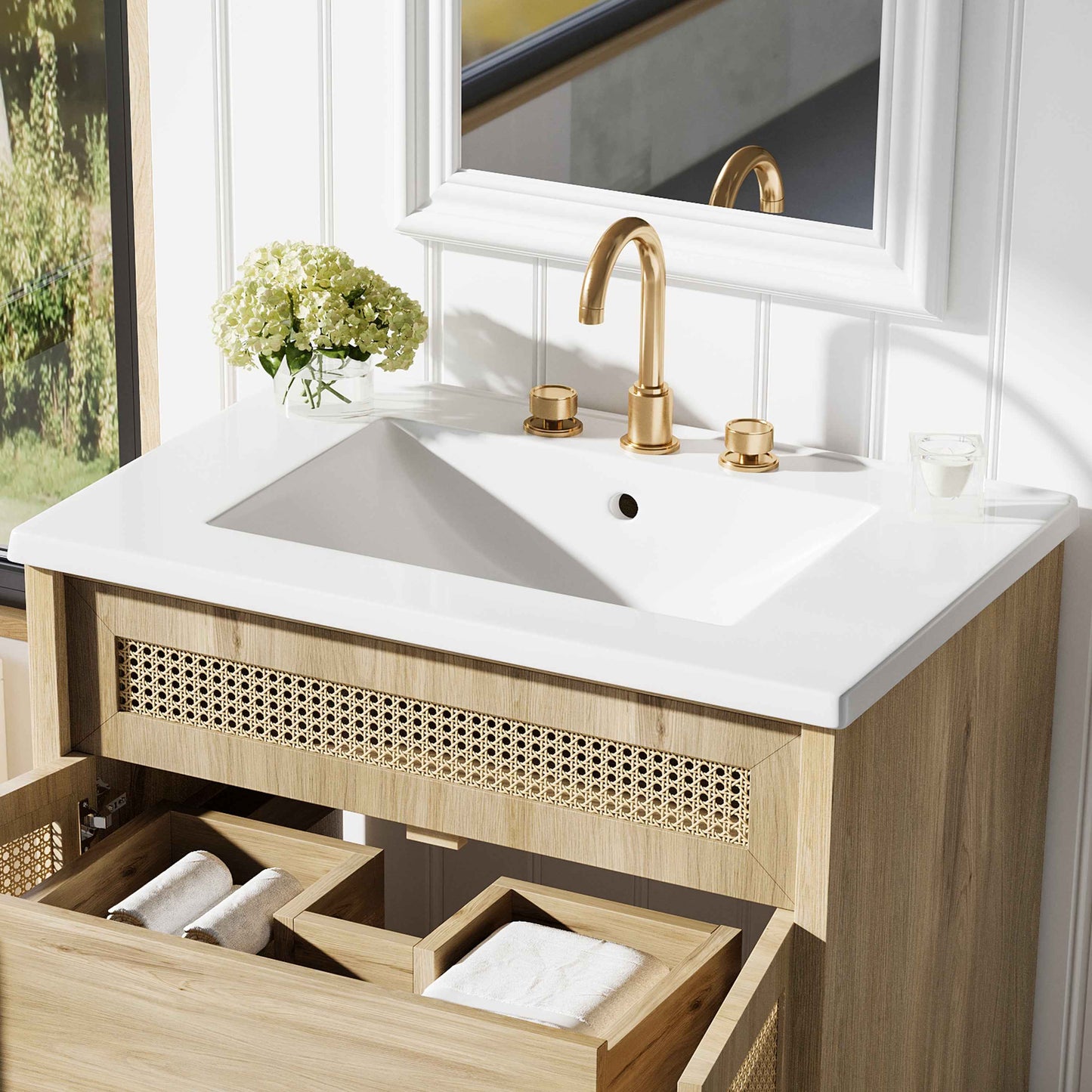 ExBrite 30" Bathroom Vanity with Resin Sink, Solid Wood Legs & Handwoven Rattan Doors for Modern Bathroom Storage