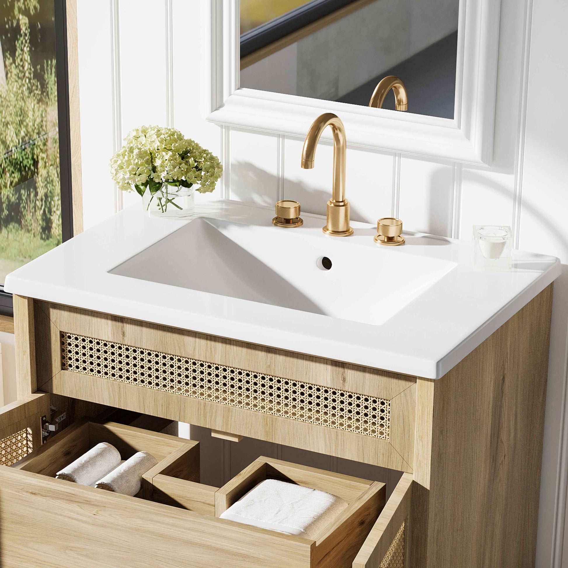 ExBrite 30" Bathroom Vanity with Resin Sink, Solid Wood Legs & Handwoven Rattan Doors for Modern Bathroom Storage